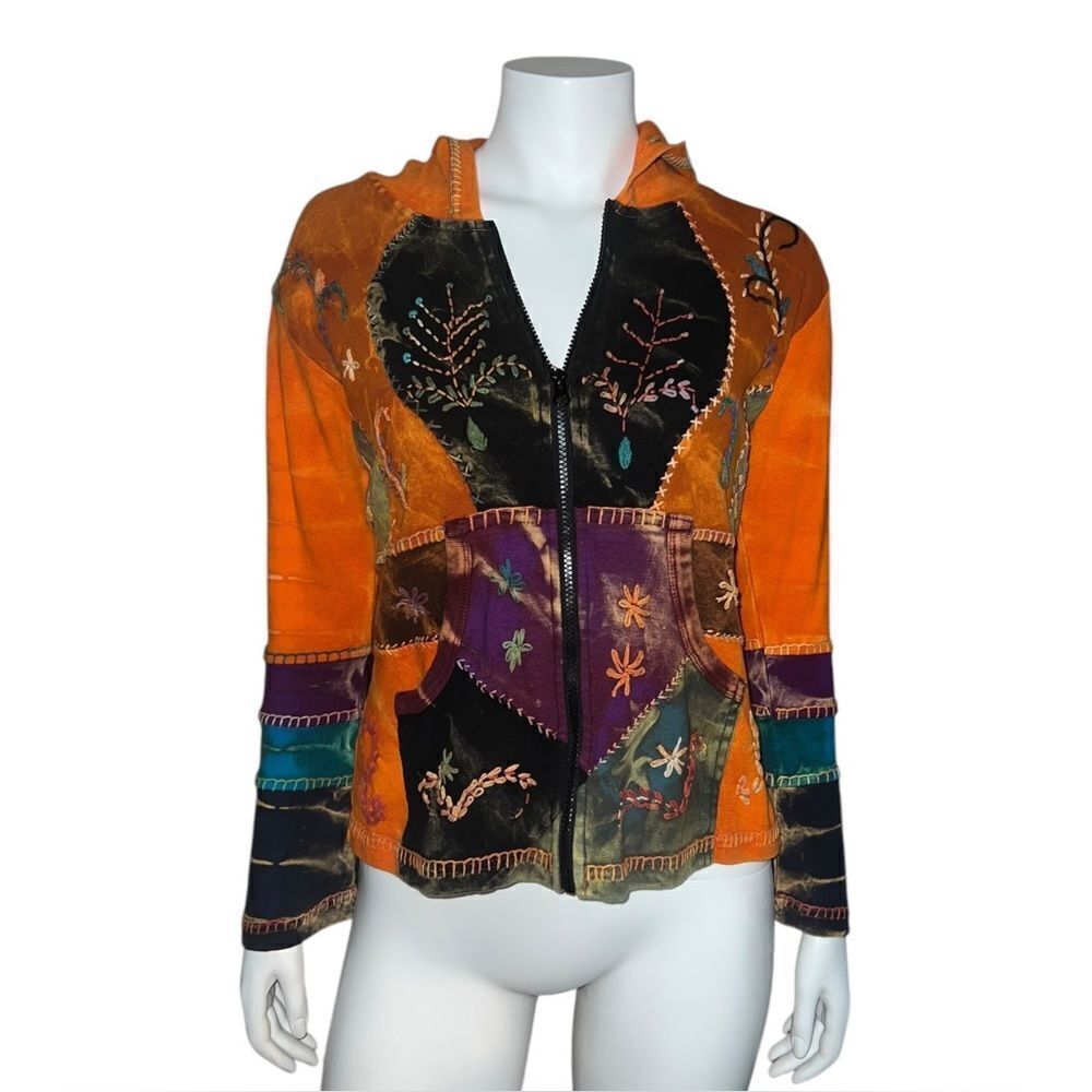 Boutique Womens Multicolor Patchwork Made in Nepal Hoodie Jacket Medium EUC